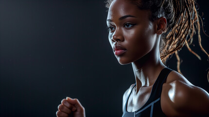 A strong athletic woman sprinter is captured in motion against a black background, epitomizing fitness and sport motivation. - obrazy, fototapety, plakaty