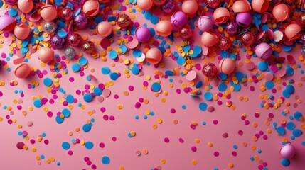 Vibrant Confetti and Streamers on Pink Background