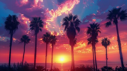 Fototapeta na wymiar Vibrant Sunset With Palm Trees and Ocean