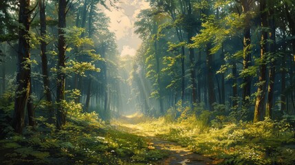 Path Through Forest Painting - obrazy, fototapety, plakaty