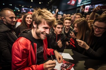 A professional gamer signing autographs for fans at a meet-and-greet event, surrounded by enthusiastic supporters - obrazy, fototapety, plakaty