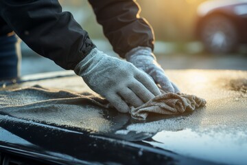 Man removing frost from car windshield on a chilly winter morning using hand scraper tool - obrazy, fototapety, plakaty