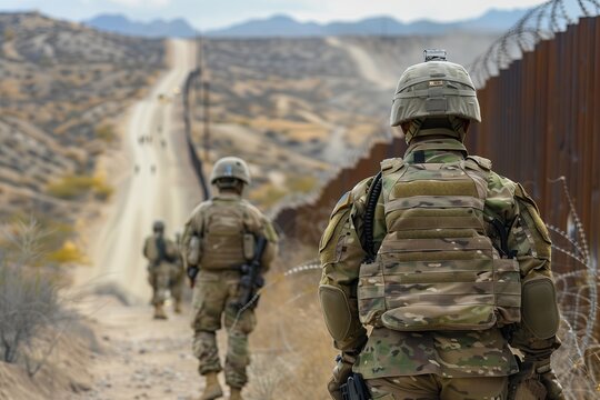 National guard military officers walking along border wall