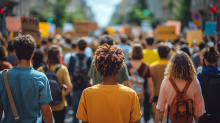 Abstract background of Advocate for social justice, equality, and unity in the face of adversity with a crowd of people marching together in solidarity, holding signs and banners.  - obrazy, fototapety, plakaty