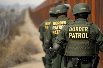 Border patrol officers walking along border - 764204410