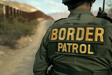 Border patrol officers walking along border - obrazy, fototapety, plakaty