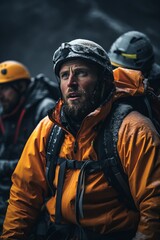 Fototapeta premium A man with a beard is seen wearing a backpack. He appears to be ready for a journey or trekking adventure in the outdoors