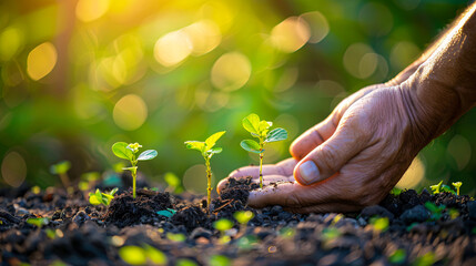 Concept of growth and nurturing in gardening, with hands holding a young sapling, emphasizing the importance of environmental care