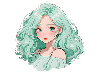 Beautiful cartoon anime girl with mint curly hair and green eyes sticker with white border	
