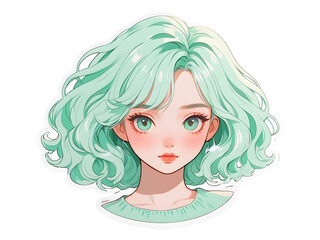 Beautiful cartoon anime girl with mint curly hair and green eyes sticker with white border	
