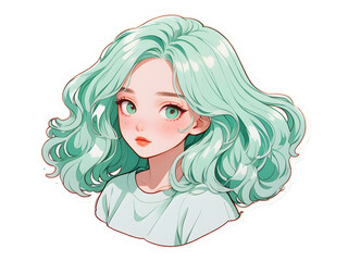 Beautiful cartoon anime girl with mint curly hair and green eyes sticker with white border	
