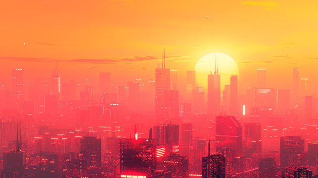 The sun is setting behind a city skyline filled with tall buildings, casting a warm glow over the urban landscape. Game Background. Cyber punk. Banner. Copy space