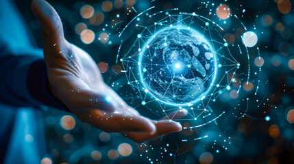 Concept of global connectivity, with a businessman holding a glowing digital globe, symbolizing the power of networking