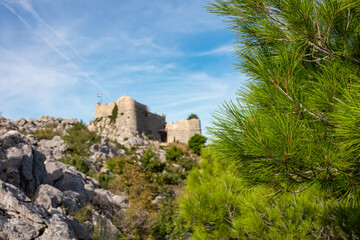 Selective focus on pine tree with scenic view of medieval fortress Starigrad in Omis, Split-Dalmatia, Croatia, Europe. Idyllic hiking trail in Dinara mountains in the Balkans, Dinaric Alps. Wanderlust
