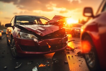 Suv collides with another car in dangerous crash on road, space for text placement - obrazy, fototapety, plakaty
