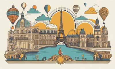 Plano de fundo, Paris, ilustração com prédios históricos, torre Eiffel, cartão postal, ilustração gerada com ia