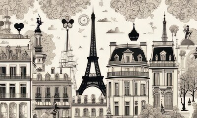 Plano de fundo, Paris, ilustração com prédios históricos, torre Eiffel, cartão postal, ilustração gerada com ia