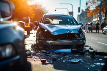 Keuken spatwand met foto Suv collides with another vehicle in dangerous car crash on road, copy space for text placement © Sergej Gerasimov
