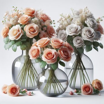 roses, flowers set with beautiful glass vases. 3d render. isolated on white background