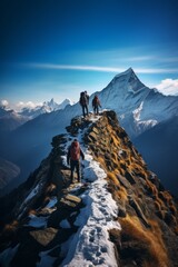 A group of adventurous mountaineers is hiking up the side of a snow-covered mountain. They are crossing a narrow ridge as they make their way upwards - obrazy, fototapety, plakaty