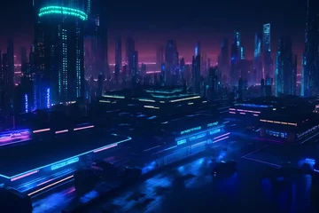  Spectacular nighttime in cyberpunk city of the futuristic fantasy world features skyscrapers, flying cars, and neon lights... © Awan