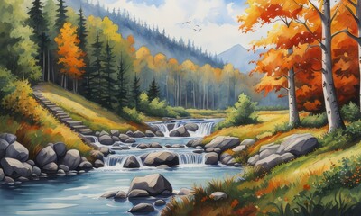 Paisagem em aquarela, com montanhas , rios, campo, gerda com ia