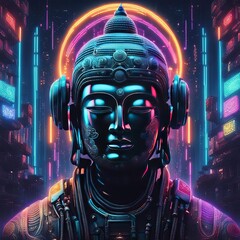 The image  a Buddha in a cyberpunk style, surrounded by neon light that creates the illusion of a...