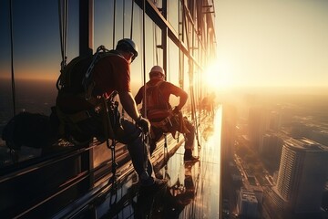 Brave industrial alpinists hanging from harnesses to clean windows on a skyscraper - obrazy, fototapety, plakaty