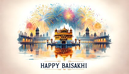 Watercolor illustration for the baisakhi with a scene of golden temple and fireworks.