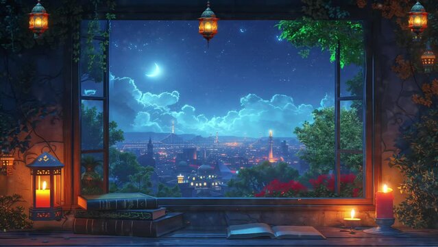 ramadan islamic decoration with lantern and candle in the night with city view from window. animaton video background