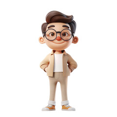 A cartoon boy with glasses and a white shirt stands with his arms crossed
