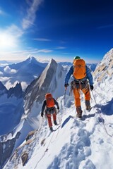 Naklejka na ściany i meble Two determined climbers are scaling the side of a mountain, navigating through snowy and rocky terrain. Their hands and feet are securely placed as they make steady progress