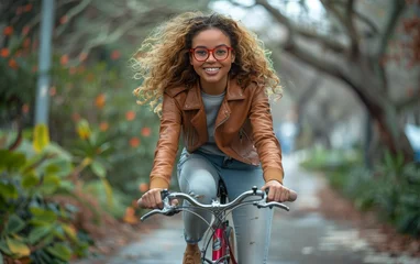 Foto auf Alu-Dibond A woman with curly hair is riding a bicycle down a path © natalia