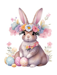 A watercolor cute bunny wearing a floral crown with easter eggs isolated on white background,...