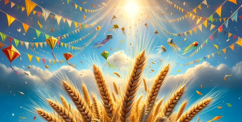 Illustration that celebrates baisakhi with a scene of a golden wheat sheaves at sunny day. - obrazy, fototapety, plakaty