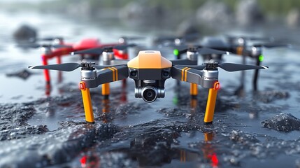 quadcopter with glowing indicators turned on, emphasizing the modern design and advanced technology of the drone. Concept: technological innovation, safety, aerial photography, electronics and drone r - obrazy, fototapety, plakaty