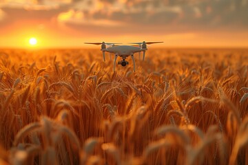 A black drone hovers over a golden wheat field in the rays of the setting sun.
Concept: technologies in agriculture, the use of drones in agricultural technology and for crop monitoring. - obrazy, fototapety, plakaty