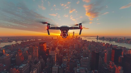 A drone flies over a busy cityscape illuminated by the last rays of the setting sun.
Concept: drones for urban planning, real estate and monitoring. technological and innovative