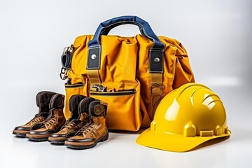 Naklejka premium Construction works scheme with yellow or blue helmet and tools on light background