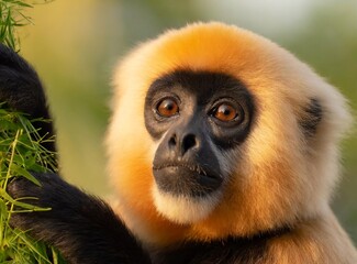 Fototapeta premium Yellow-cheeked Gibbon, Nomascus gabriellae, with grass food, orange monkey on the tree.