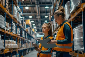 Foto op Canvas Two women in orange vests are standing in a warehouse, looking at papers. Scene is serious and focused, as the women are likely discussing important information related to their work © BrightSpace