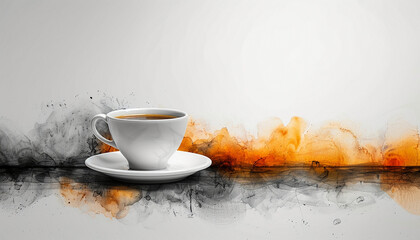 Creative Abstract Orange and Blue Watercolor Background with White Ceramic Tea Cup