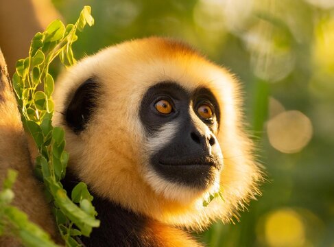 Yellow-cheeked Gibbon, Nomascus gabriellae, with grass food, orange monkey on the tree.