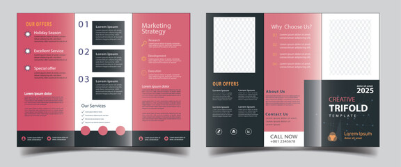 Tri fold Business Brochure Template Layout. Corporate Design Leaflet with Replaceable Image Shape. Template triple folding brochure printing and ad - obrazy, fototapety, plakaty