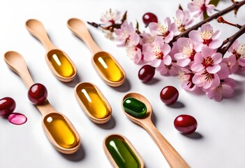 Set of medical capsules with probiotics, omega oils and multivitamins in the wooden spoons with blooming cherry branches on white background. Immunity support supplements. Health care concept