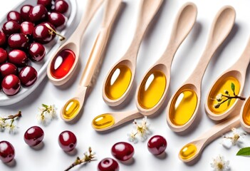 Set of medical capsules with probiotics, omega oils and multivitamins in the wooden spoons with blooming cherry branches on white background. Immunity support supplements. Health care concept