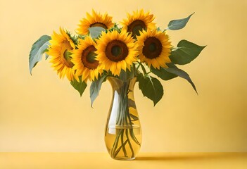 Bright creative composition with sunflowers in a vase on yellow background close up. Artistic still life with flowers. Vertical image.  