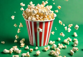Popcorn spills out of a paper cup on a green background close-up