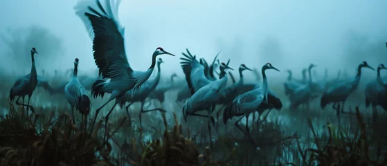 Fotobehang Grass in the fog. Close-up of a flock of cranes in a mating dance in a swampy meadow at morning in thick fog. © michalsen