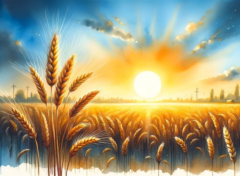 Watercolor painting illustration that celebrates baisakhi with a scene of a wheat field at sunset.